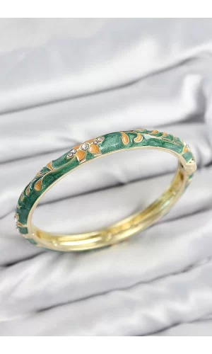 Mineli Pirinç Zirkon Taşlı Yeşil Çiçek Motifli Gold Kadın Kelepçe