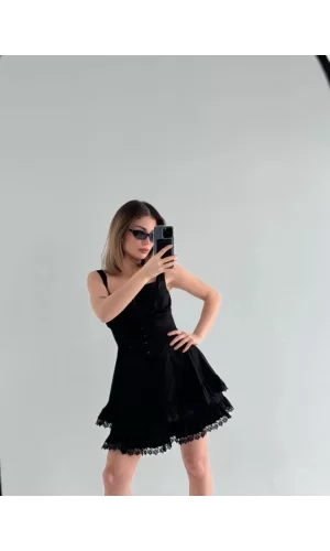 Mini Askılı Elbise - Siyah