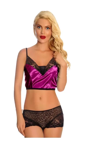 Mor Saten Dantelli Babydoll Şortlu Takım - 287