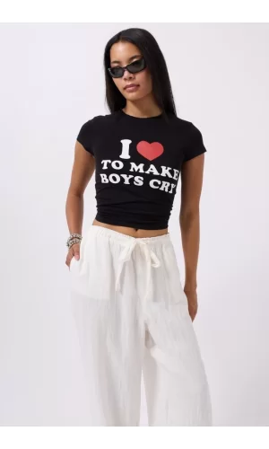 Nakış Detay Baskılı Crop T-Shirt