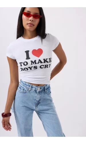 Nakış Detay Baskılı Crop T-Shirt