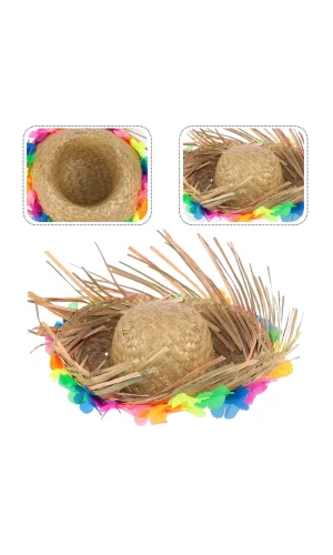 Naturel Renk Püsküllü Örme Hasır Hawaii Luau Aloha Şapka 13x36 Cm