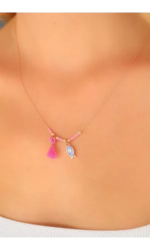 Nazar Boncuklu Pembe Renk Taşlı Rose Bayan Kolye