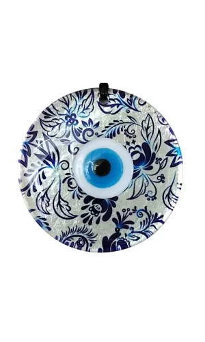 Nazar Boncuklu Yaprak Desenli Gümüş Rengi Füzyon Cam El Yapımı 12 Cm Duvar Süsü Nazarlık Hediyelik Eşya