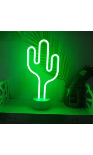 Neon Işıklı Kaktüs Masa Gece Lambası USB+Pil