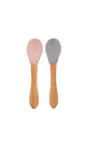 Nessiworld    Bambu Saplı Silikon Mama Kaşığı 2li Pinky Pink / Powder Grey