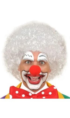 Nessiworld  Beyaz Renk Kıvırcık Afro Bonus Peruk Saç ve Kırmızı Sünger Burun Seti
