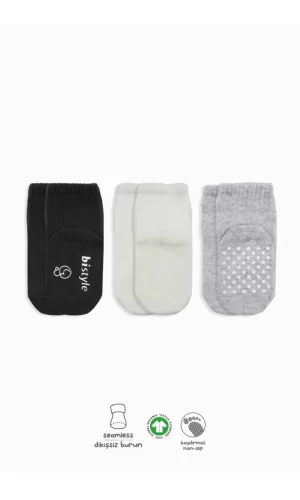 Nessiworld  Bistyle Basic Kaymaz Penye Soket Çorap 3Lü BS10106 Siyah Ekru Gri