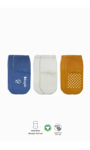 Nessiworld  Bistyle Basic Kaymaz Penye Soket Çorap 3Lü BS10107 İndigo Ekru Hardal