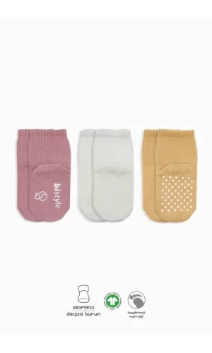 Nessiworld  Bistyle Basic Kaymaz Penye Soket Çorap 3Lü BS10107 Pudra Ekru Somon