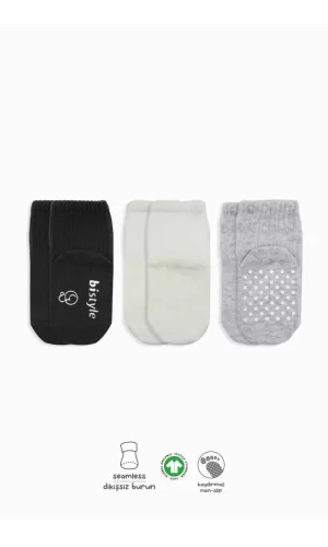 Nessiworld  Bistyle Basic Kaymaz Penye Soket Çorap 3Lü BS10107 Siyah Ekru Gri