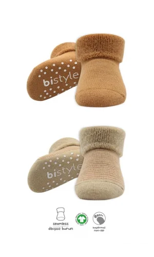 Nessiworld  Bistyle Çemberli Kaymaz Havlu Soket Çorap 2Li BS10503 Bej-Hardal