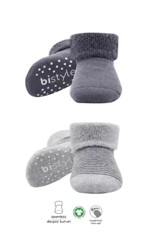 Nessiworld  Bistyle Çemberli Kaymaz Havlu Soket Çorap 2Li BS10503 Gri-Antrasit
