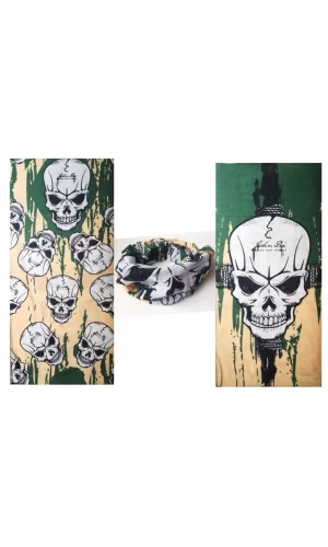 Nessiworld  Haki Yeşil Renk Üzeri Likralı Kuru Kafa Kafatası Baskılı Baf Buff Bandana 25x48 cm