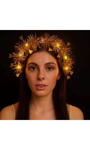Nessiworld  Kalp Püsküllü Gece Parıltısı 3 Modlu LED&#39;li Işıklı Taç Altın Renk