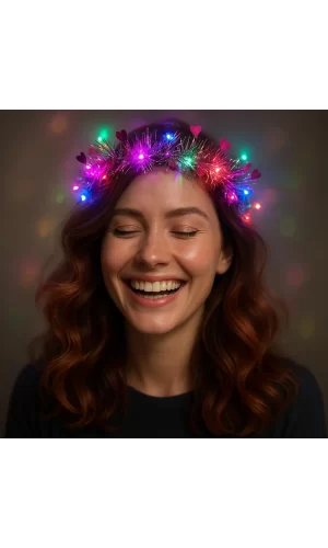 Nessiworld  Kalp Püsküllü Gece Parıltısı 3 Modlu LED&#39;li Işıklı Taç Fuşya Renk
