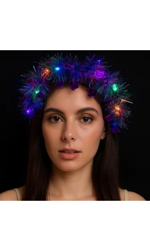 Nessiworld  Kalp Püsküllü Gece Parıltısı 3 Modlu LED&#39;li Işıklı Taç Mor Renk