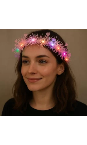 Nessiworld  Kalp Püsküllü Gece Parıltısı 3 Modlu LED&#39;li Işıklı Taç Pembe Renk