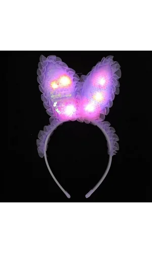 Nessiworld    Kenarları Dantelli Mor Pullu Payetli Led Işıklı Tavşan Kulak Taç 23x19 cm
