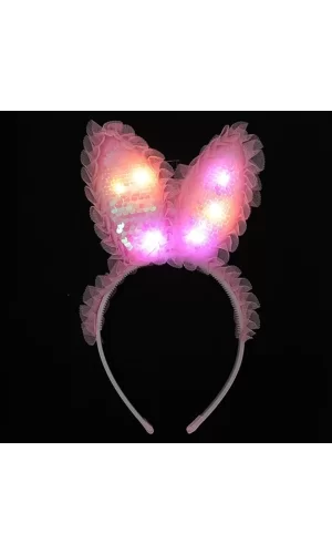 Nessiworld  Kenarları Dantelli Pembe Pullu Payetli Led Işıklı Tavşan Kulak Taç 23x19 cm