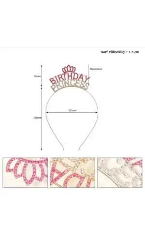 Nessiworld  Kristal Taşlı Pembe Birthday Princess Yazılı Parti Tacı 19x11 cm