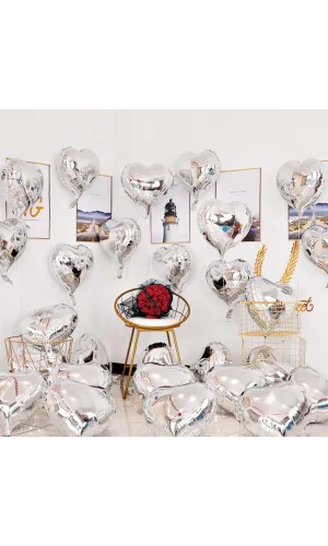 Nessiworld  Metalize Parlak Gümüş Şekilli Kalp Uçan Balon Folyo 45 cm 10 Adet