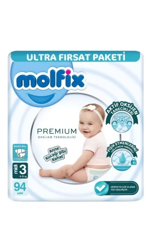 Nessiworld  Molfix Premium Bebek Bezi Ultra Fırsat Paketi 3 Beden 4-9 Kg 94 Adet