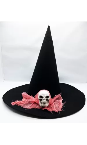 Nessiworld  Siyah Renk Pembe Duvaklı Kuru Kafa Temalı Cadı Şapkası 35x38 cm