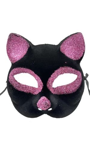 Nessiworld  Siyah Renk Pembe Simli Süet Kedi Maskesi 18x14 cm