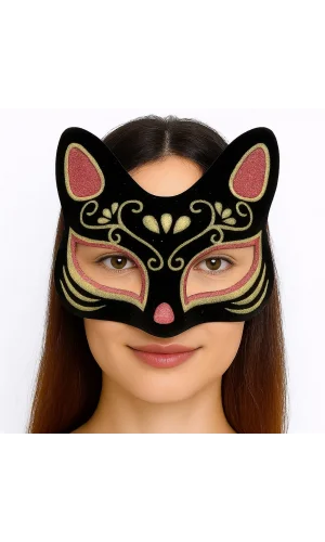 Nessiworld  Siyah Renk Süet Kaplama Üzeri Kırmızı Sarı Simli Kedi Maskesi 17x14 cm