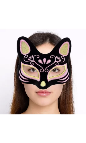 Nessiworld    Siyah Renk Süet Kaplama Üzeri Sarı Pembe Simli Kedi Maskesi 17x14 cm