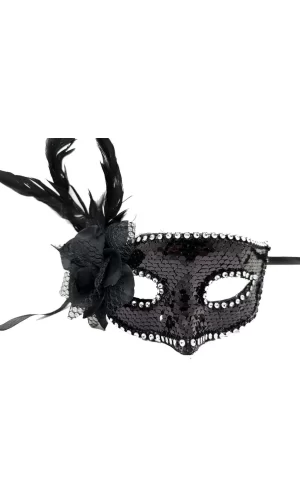 Nessiworld    Siyah Renk Yandan Tüylü Güllü Gümüş Taşlı Pullu Maske 20x22 cm