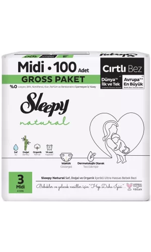 Nessiworld  Sleepy Natural Bebek Bezi Gross Paket 3 Beden 4-9 Kg 100 Adet