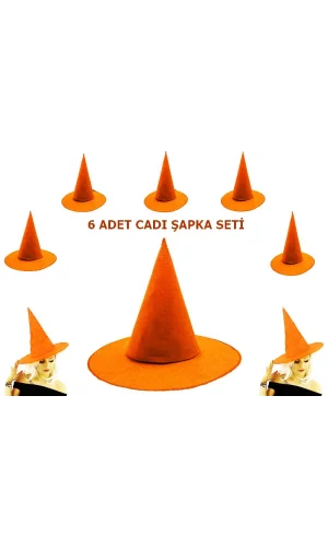 Nessiworld  Turuncu Renk Keçe Cadı Şapkası Yetişkin Çocuk Uyumlu 6 Adet
