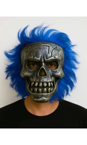 Nessiworld Wild Skull - Gümüş Kafatası Mavi Saçlı İskelet Maske