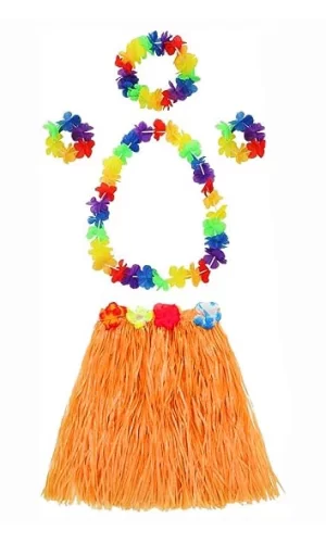 Nessiworld  Yetişkin ve Çocuk Uyumlu Luau Aloha Hawaii Turuncu Etek ve Renkli Kolye Taç 2 Adet Bileklik Seti