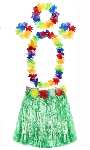 Nessiworld  Yetişkin ve Çocuk Uyumlu Luau Aloha Hawaii Yeşil Etek ve Renkli Kolye Taç 2 Adet Bileklik Seti