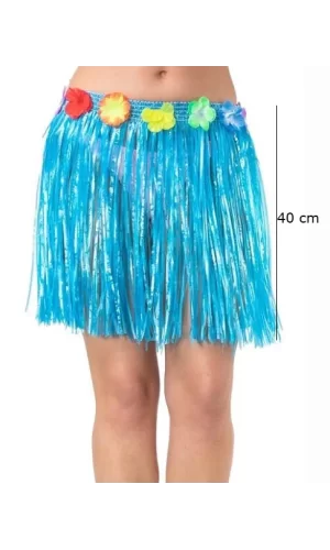 Nessiworld  Yetişkin ve Çocuk Uyumlu Mavi Renk Püsküllü Hawaii Luau Hula Etek 40 cm