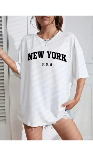 New York Baskılı Oversize Bisiklet Yaka T-shirt - Beyaz