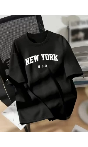 New York Baskılı Oversize Bisiklet Yaka T-shirt - Siyah