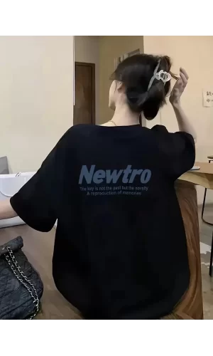 Luz&Pos Newtro Baskılı Oversize Bisiklet Yaka T-shirt - Siyah