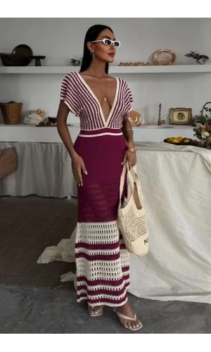 Omuzu Çizgili Ajurlu Triko Elbise 2868