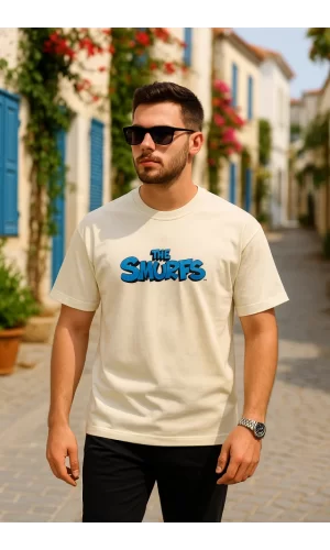 Ön Ve Arka Baskılı Oversize Bisiklet Yaka T-shirt- Beyaz