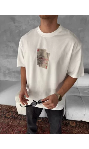 Erkek Ön Ve Arka Baskılı Oversize Bisiklet Yaka T-shirt - Beyaz