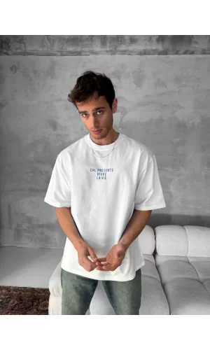 Ön Ve Arka Baskılı Oversize Bisiklet Yaka T-shirt- Beyaz