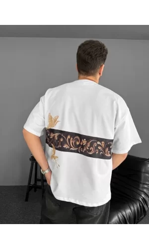 Ön Ve Arka Baskılı Oversize Bisiklet Yaka T-shirt - Beyaz