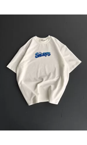 Ön Ve Arka Baskılı Oversize Bisiklet Yaka T-shirt- Beyaz