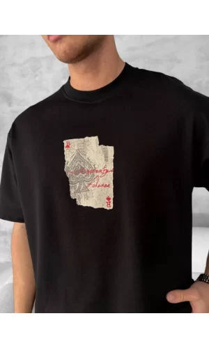 Ön Ve Arka Baskılı Oversize Bisiklet Yaka T-shirt - Siyah