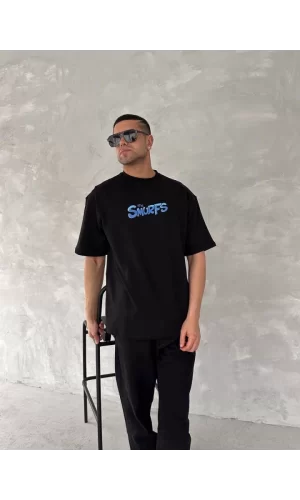 Ön Ve Arka Baskılı Oversize Bisiklet Yaka T-shirt- Siyah