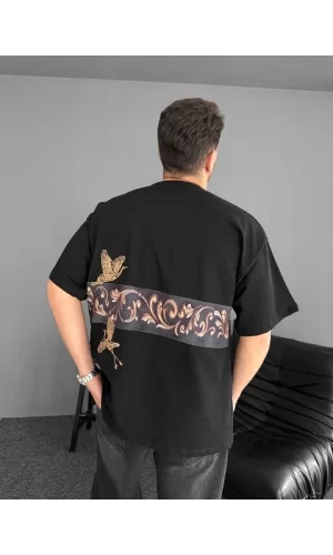 Ön Ve Arka Baskılı Oversize Bisiklet Yaka T-shirt - Siyah